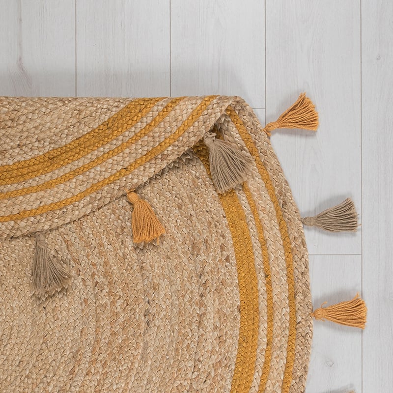 Round jute floor rug - Lunaro Natural/Ochre Yellow