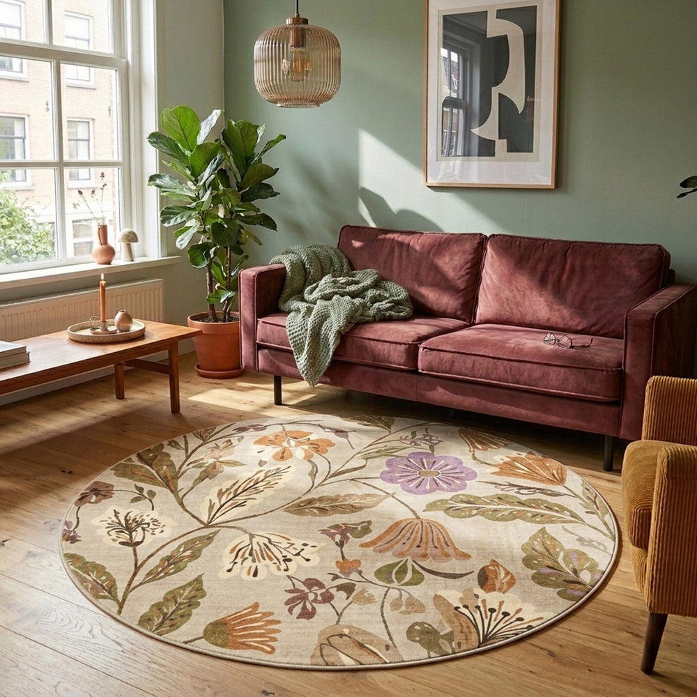Round washable rug - Misty Flowers Cream