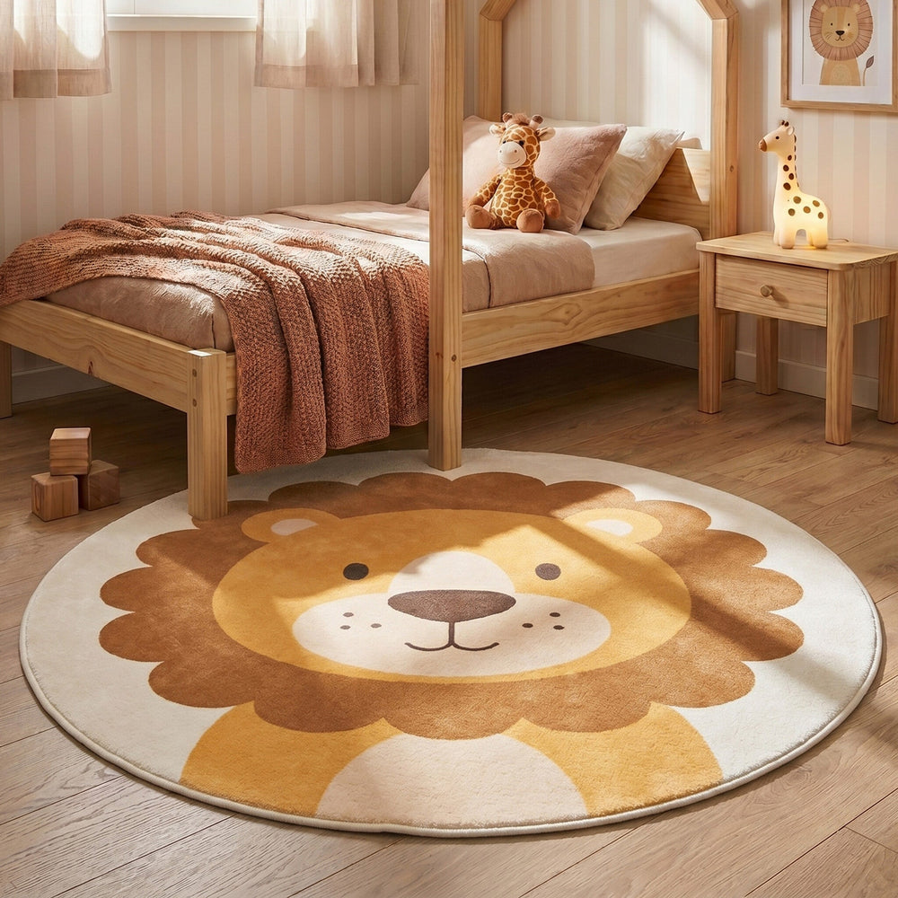 Round Washable Children’s Play Rug – Sammy Lion Brown