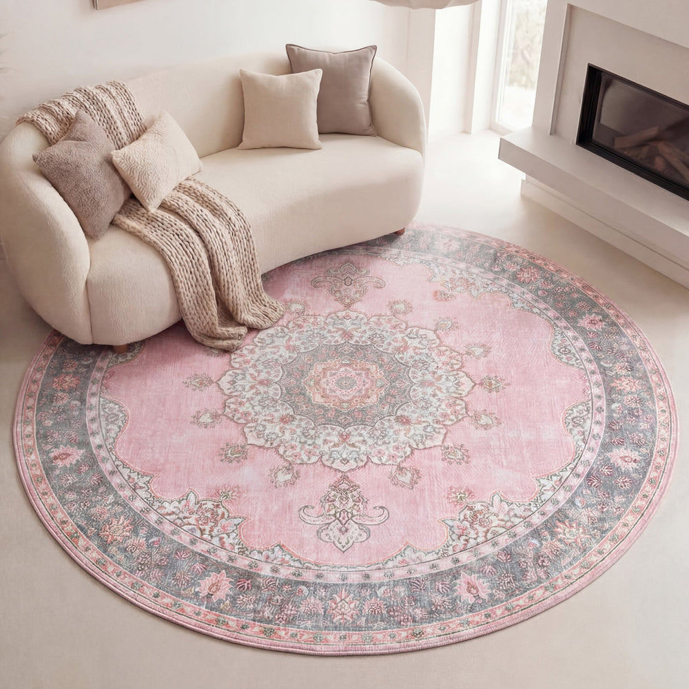 Round Vintage Rug - Lily Medallion Pink