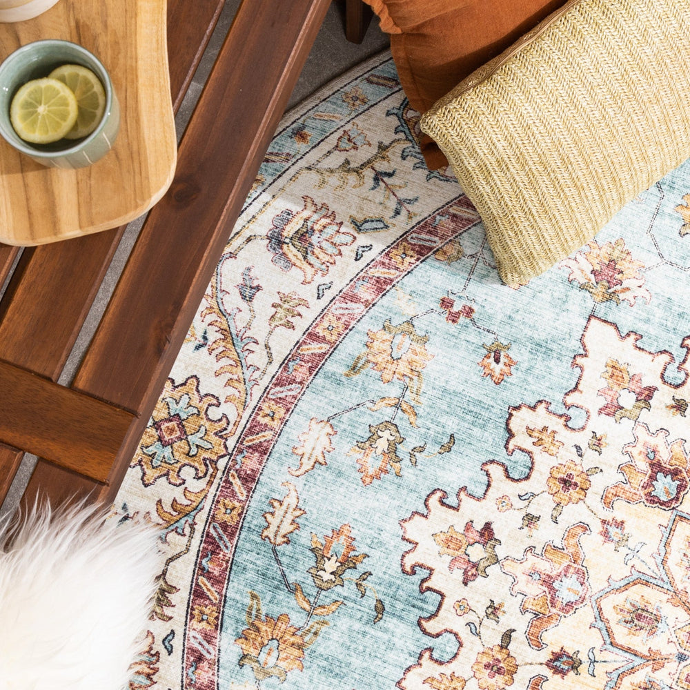 Round Vintage Outdoor Rug - Santo Medallion Light Blue