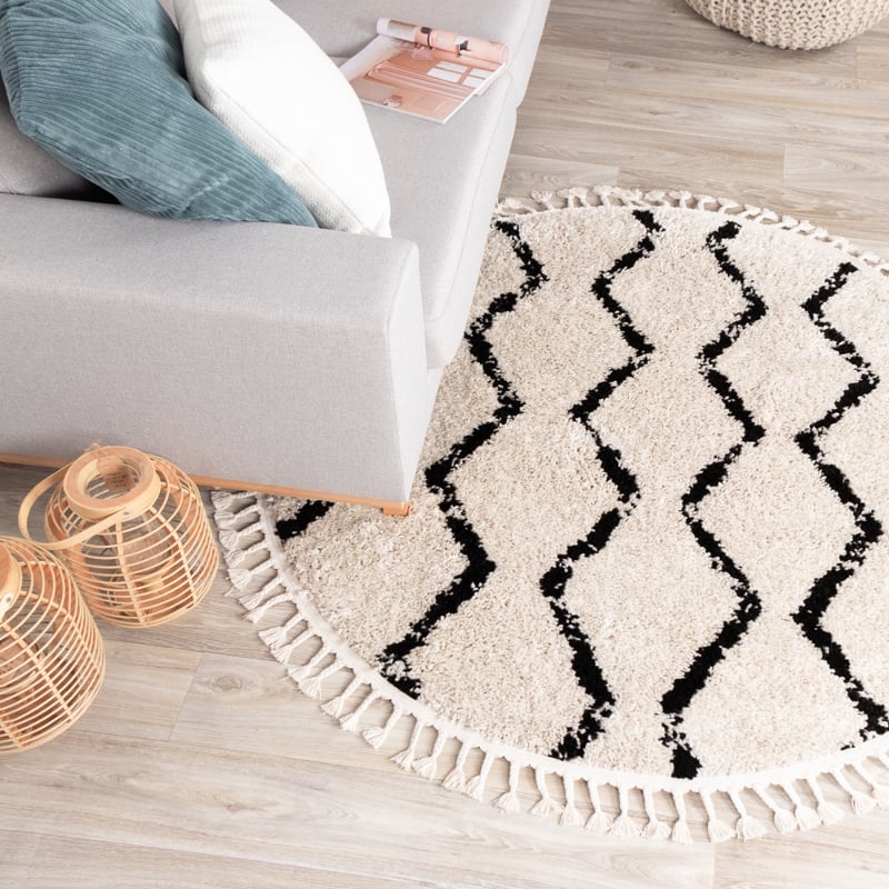 Round High-Pile Rug - Grand Wire Weave Cream/Black