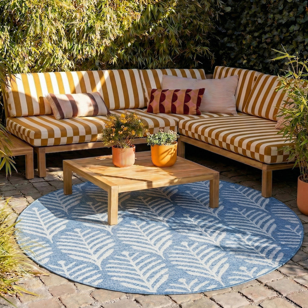 Round Outdoor Rug - Summer Leaves Blue