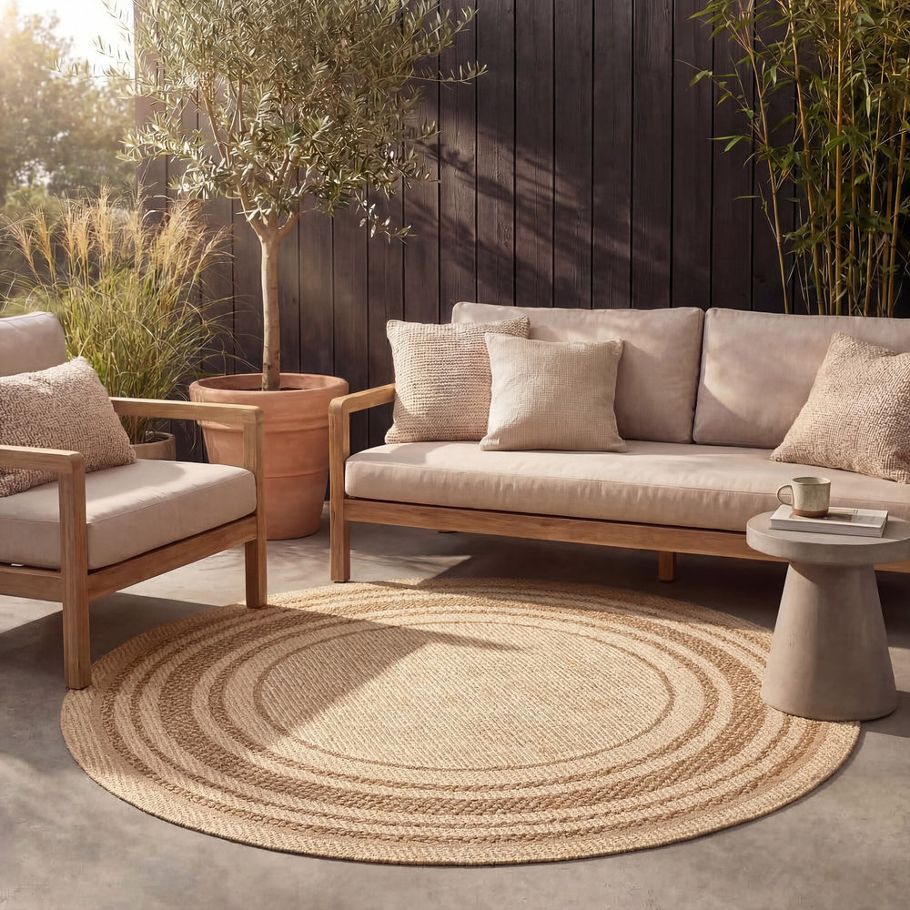 Round Jute Outdoor Rug - Mavi Border Cream/Brown