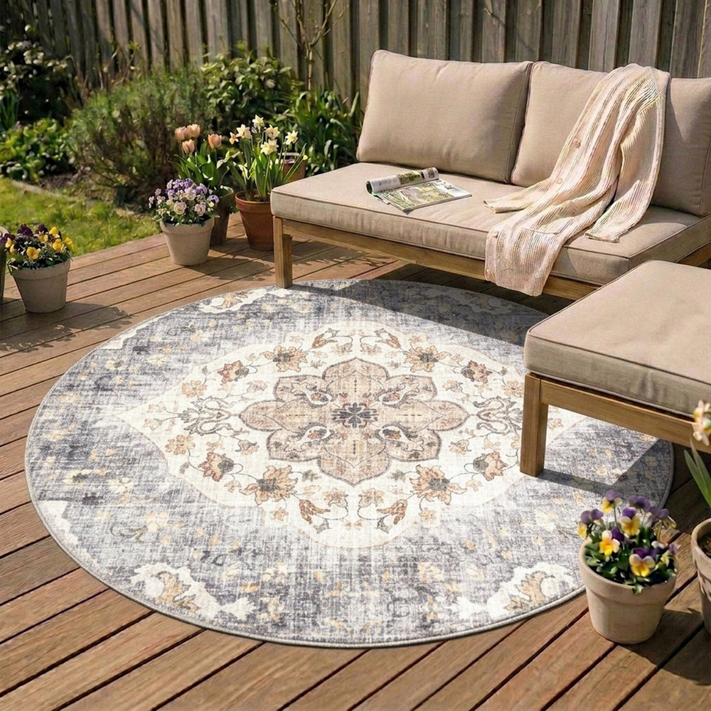 Round Vintage Outdoor Rug - Santo Mandala Blue/Grey