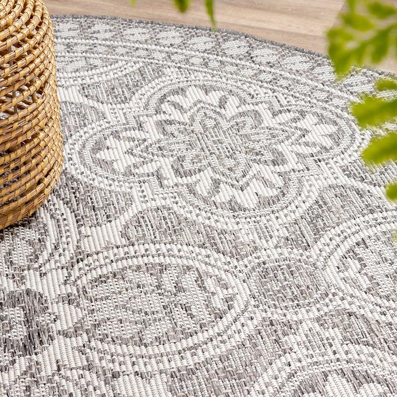 Round Outdoor Rug - Summer Oriental Light Grey