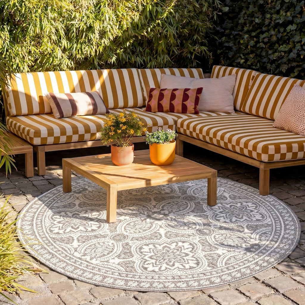 Round Outdoor Rug - Summer Oriental Light Grey