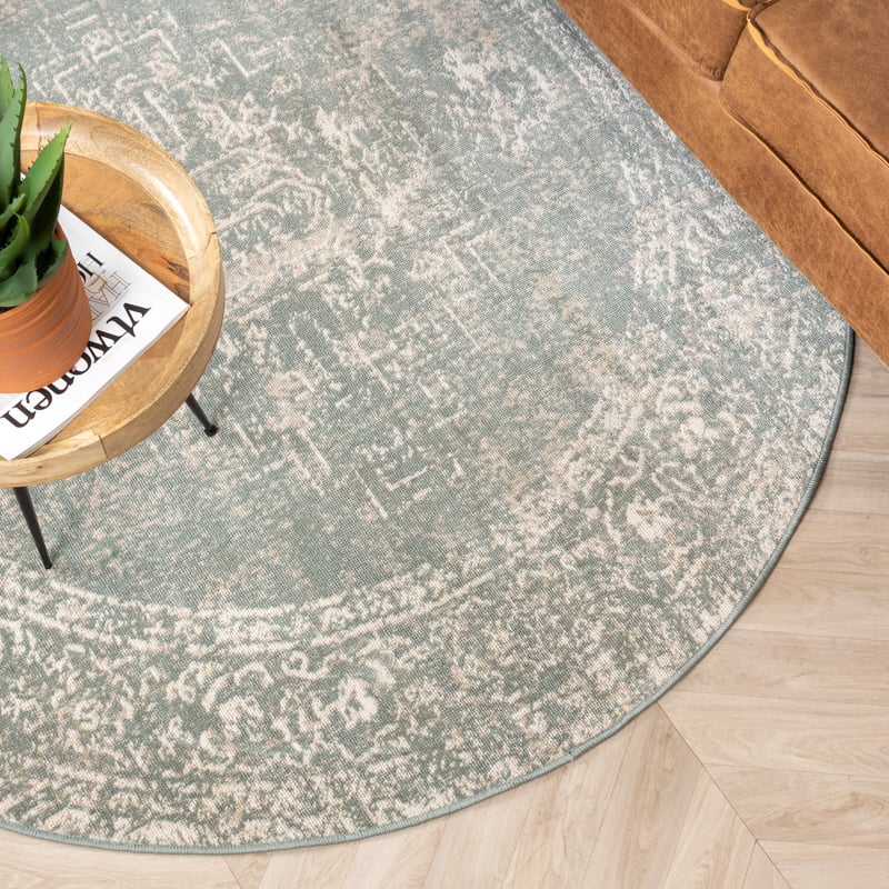 Round Vintage Rug - Spring Ethnic Green/Cream