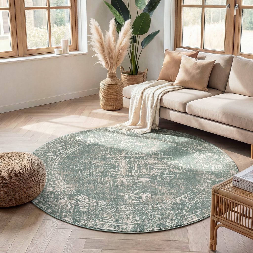 Round Vintage Rug - Spring Ethnic Green/Cream