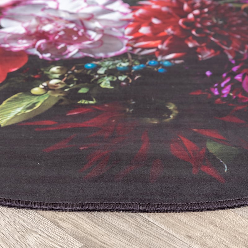 Round Floral Rug - Florine Black/Pink