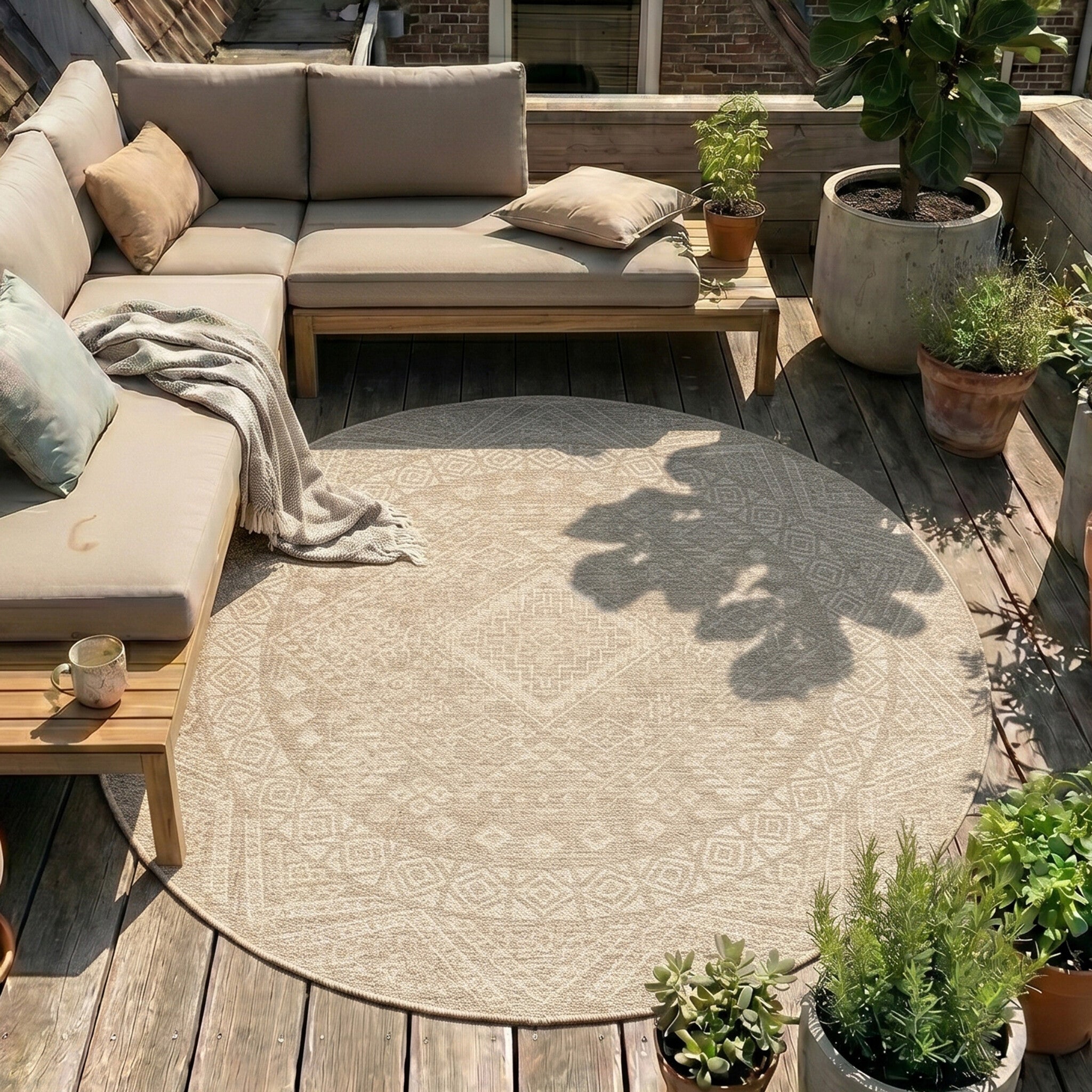 Round Jute Outdoor Rug - Atlas Aztec Brown/Cream