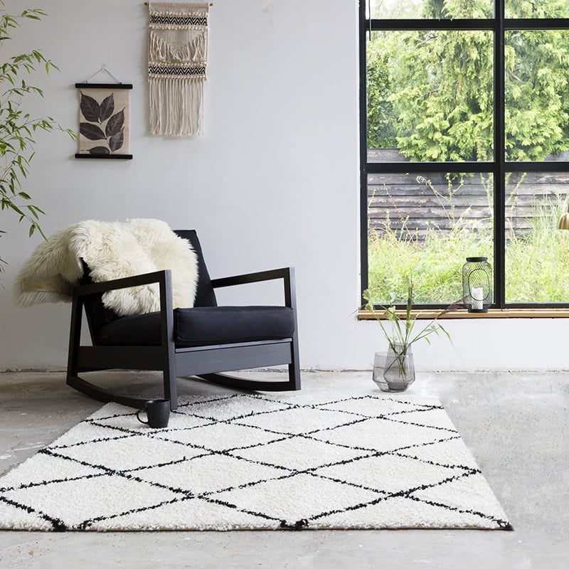 Square High Pile Rug - Grand Lines Cream/Black