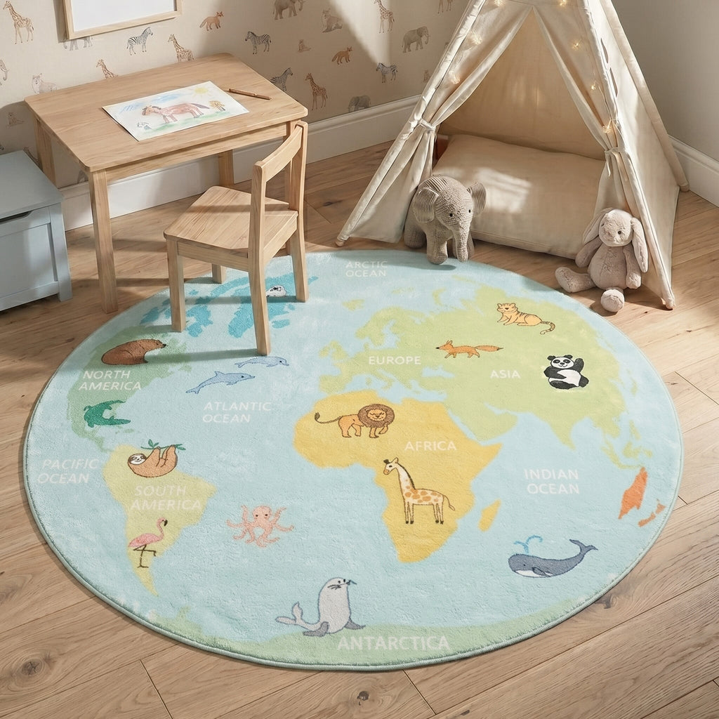 Round Kids Rug - Globe Light Blue