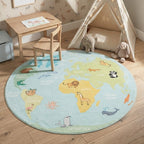 Round Kids Rug - Globe Light Blue