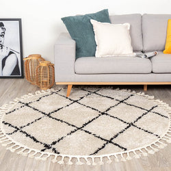 Round High Pile Rug - Grand Lines Weave Cream/Black