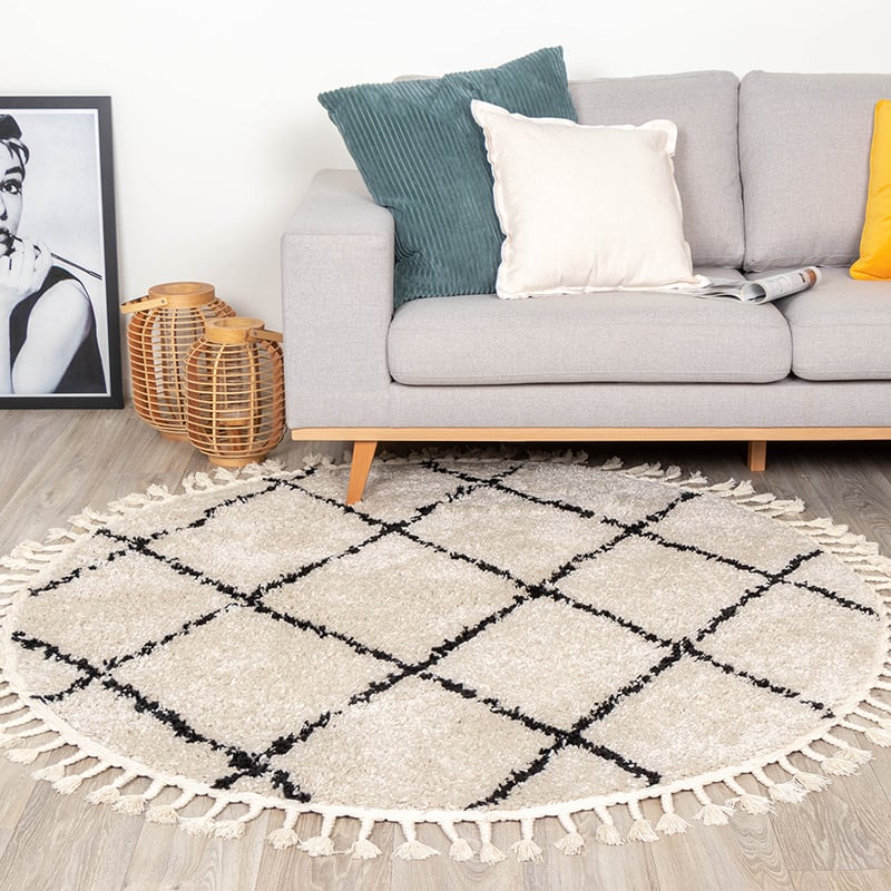 Round High Pile Rug - Grand Lines Weave Cream/Black