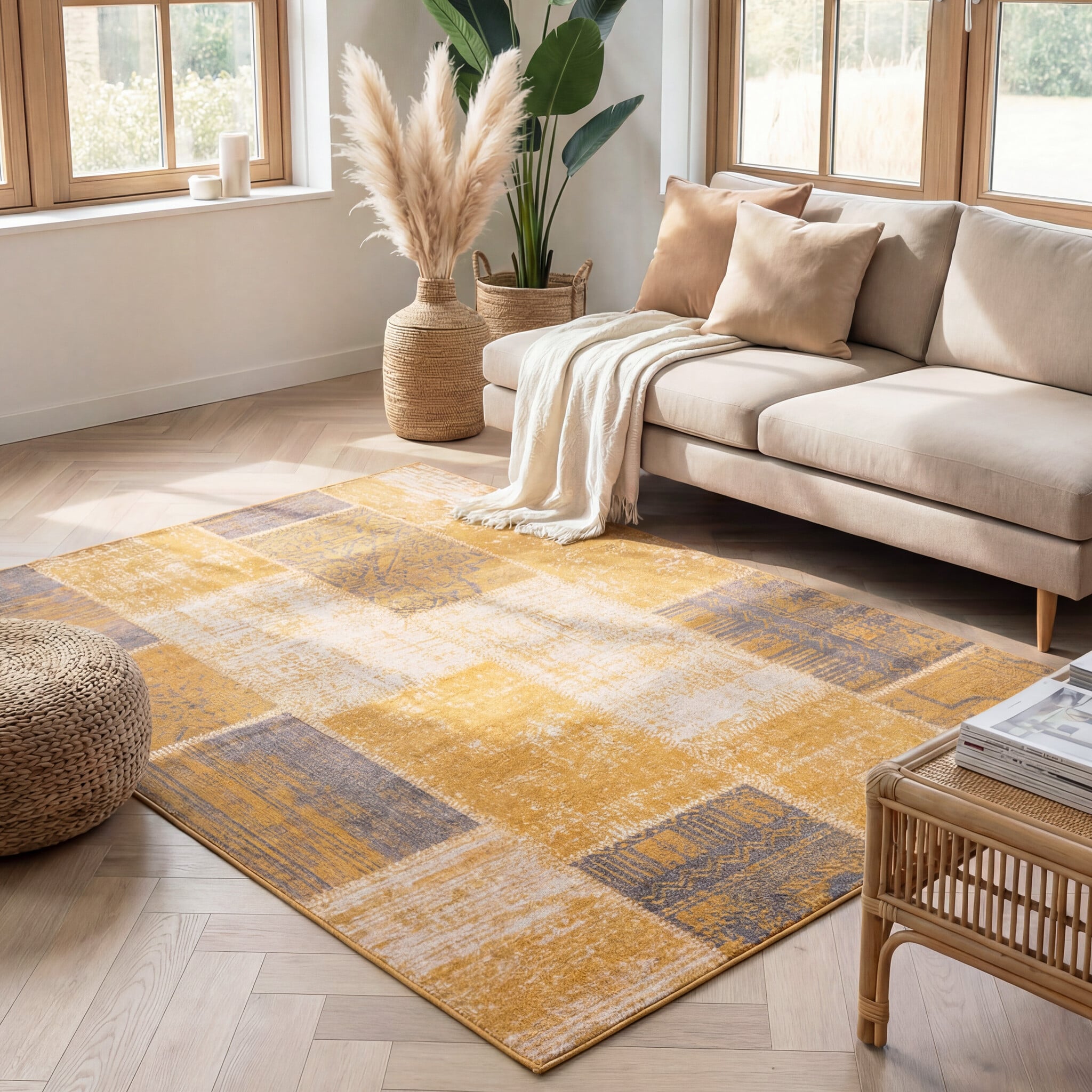 Patchwork Rug - Spring Ochre Yellow/Taupe