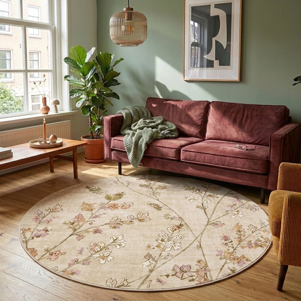 Round washable rug - Misty Floral Cream