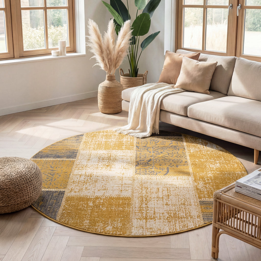 Round Patchwork Rug - Spring Ochre Yellow/Taupe