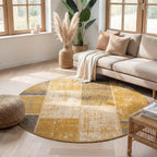 Round Patchwork Rug - Spring Ochre Yellow/Taupe