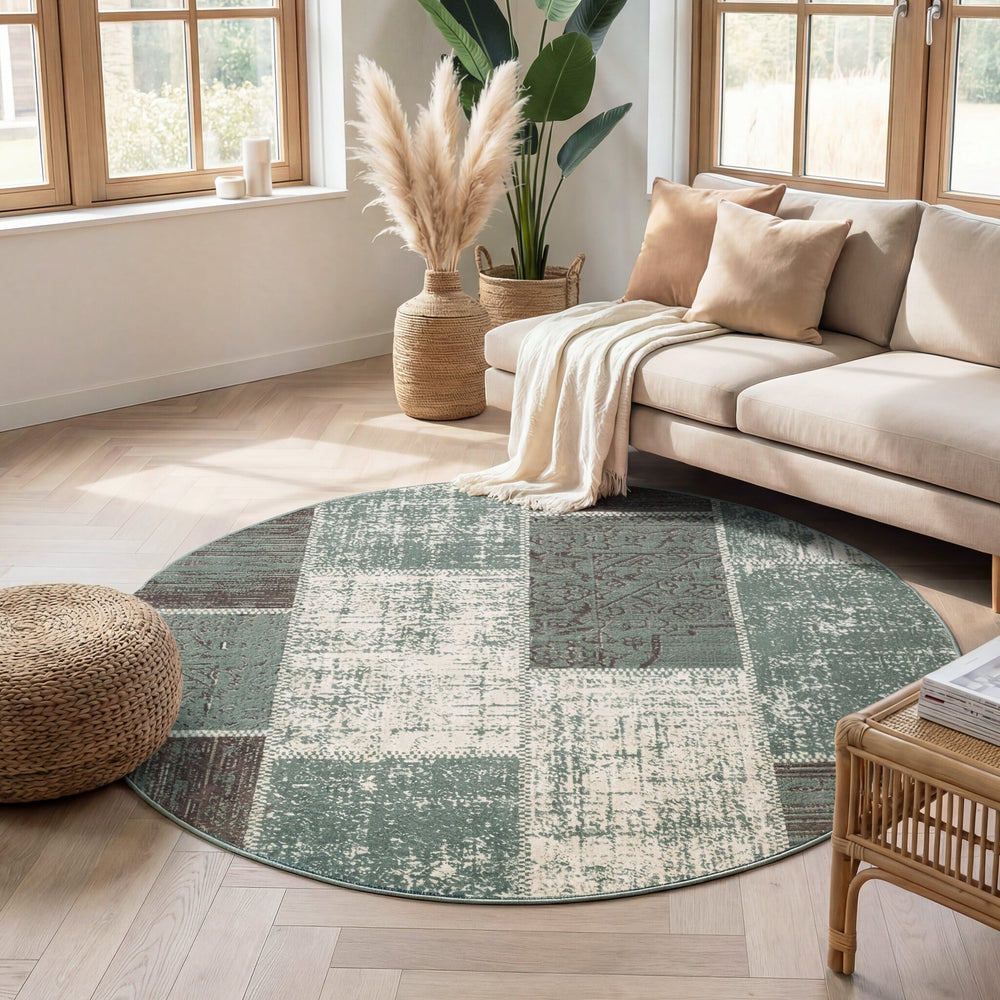 Round Patchwork Rug - Spring Green/Grey