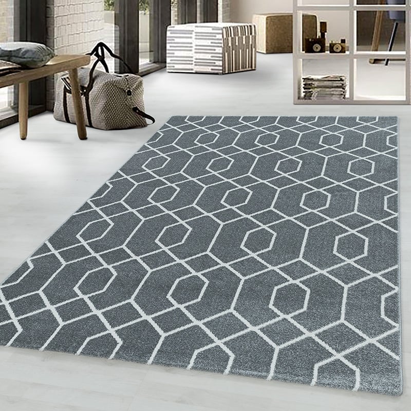 Retro floor rug - Stencil Pattern Grey/White