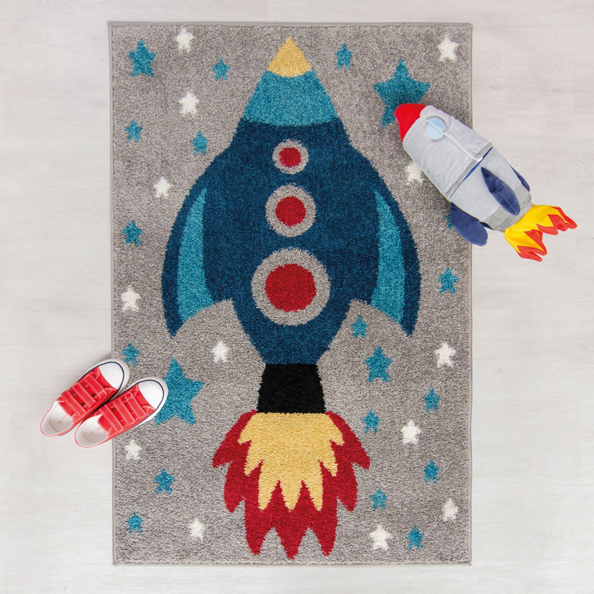 Children's floor rug - Rocco Rocket Grey/Blue