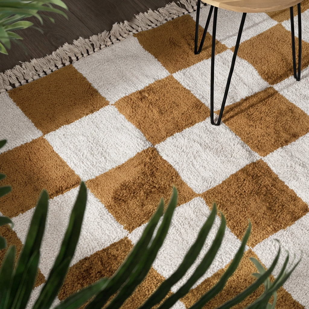 Checkerboard Rug - Blox Fringe Ochre yellow