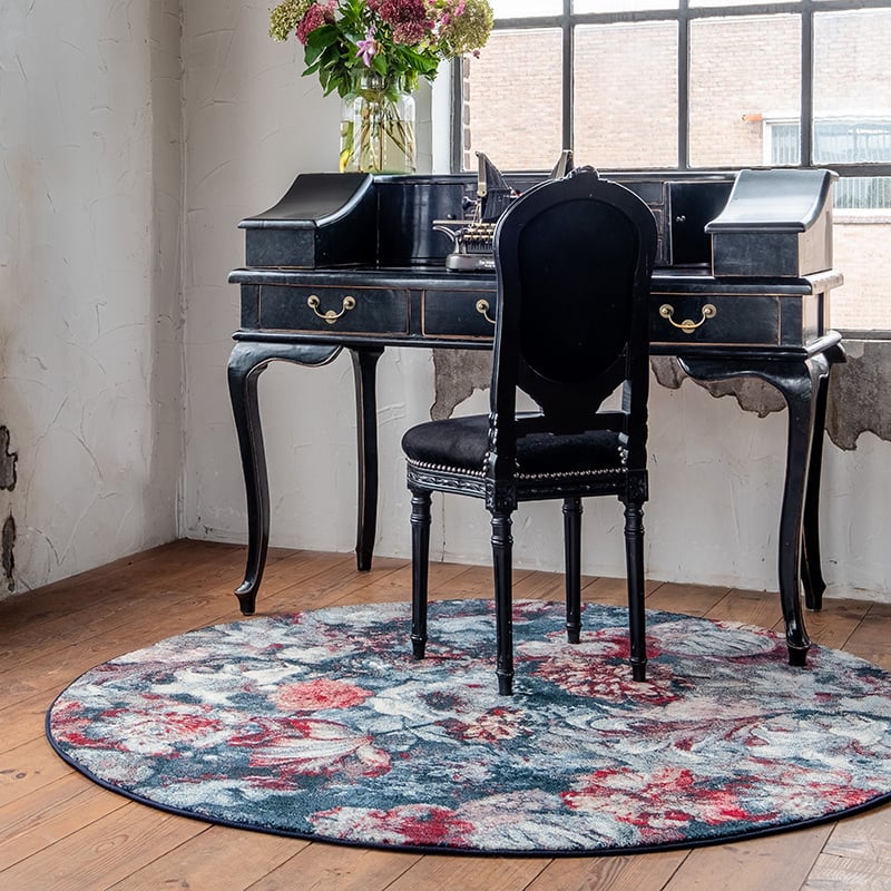 Round floral floor rug - Flores Blue/Red