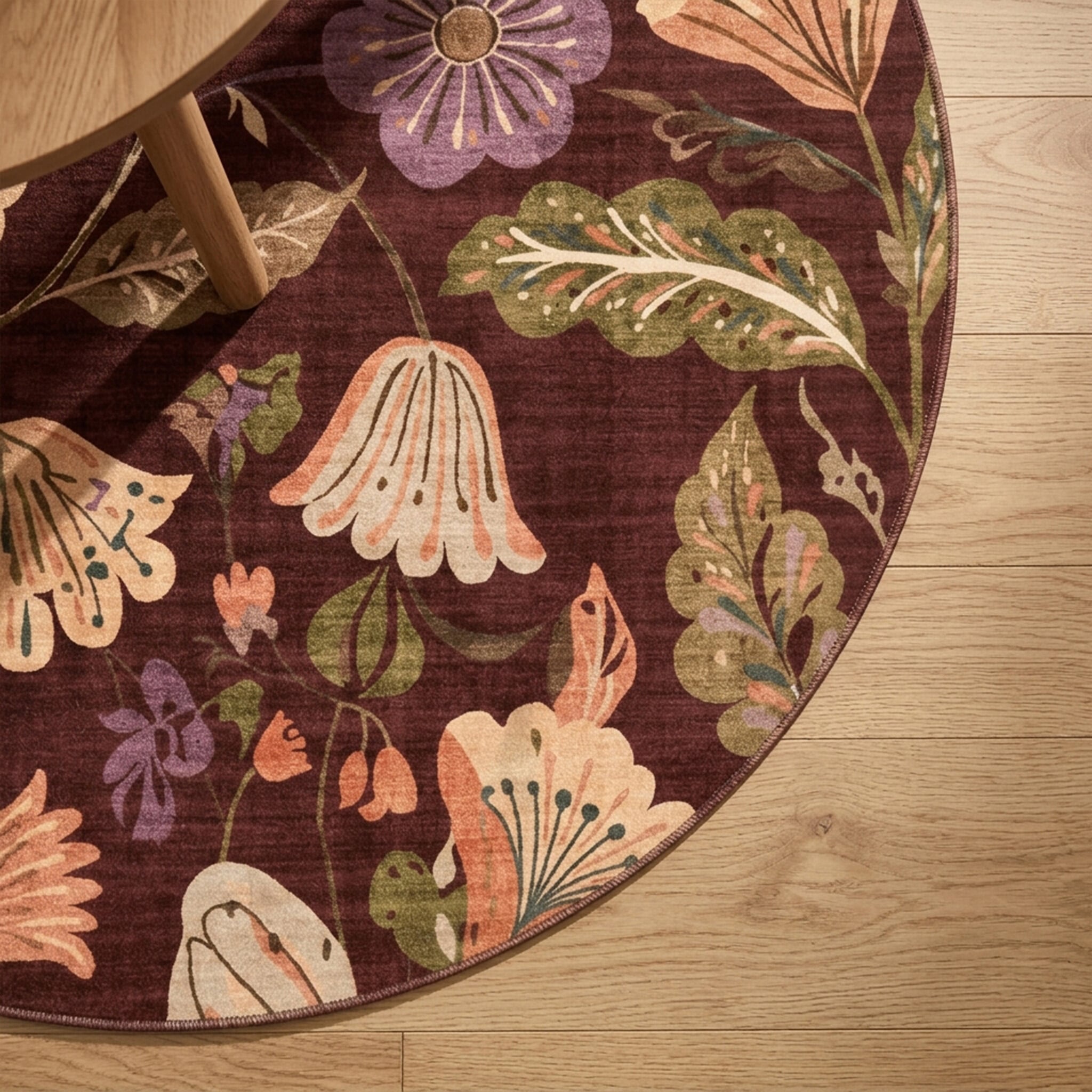 Round washable rug - Misty Flowers Brown