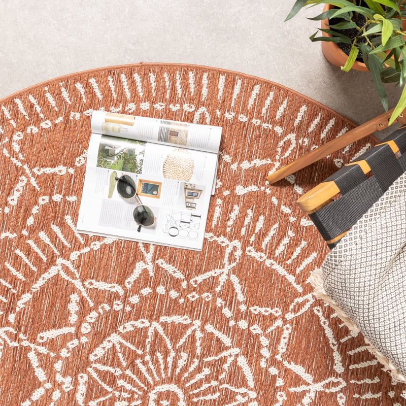 Round Modern Outdoor Rug - Porto Aztec Terracotta