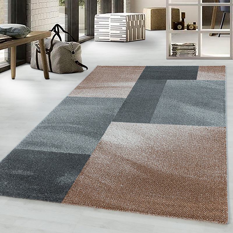 Retro Floor Rug - Stencil Rectangles Brown/Grey