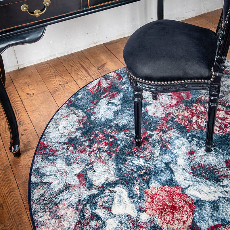 Round floral floor rug - Flores Blue/Red