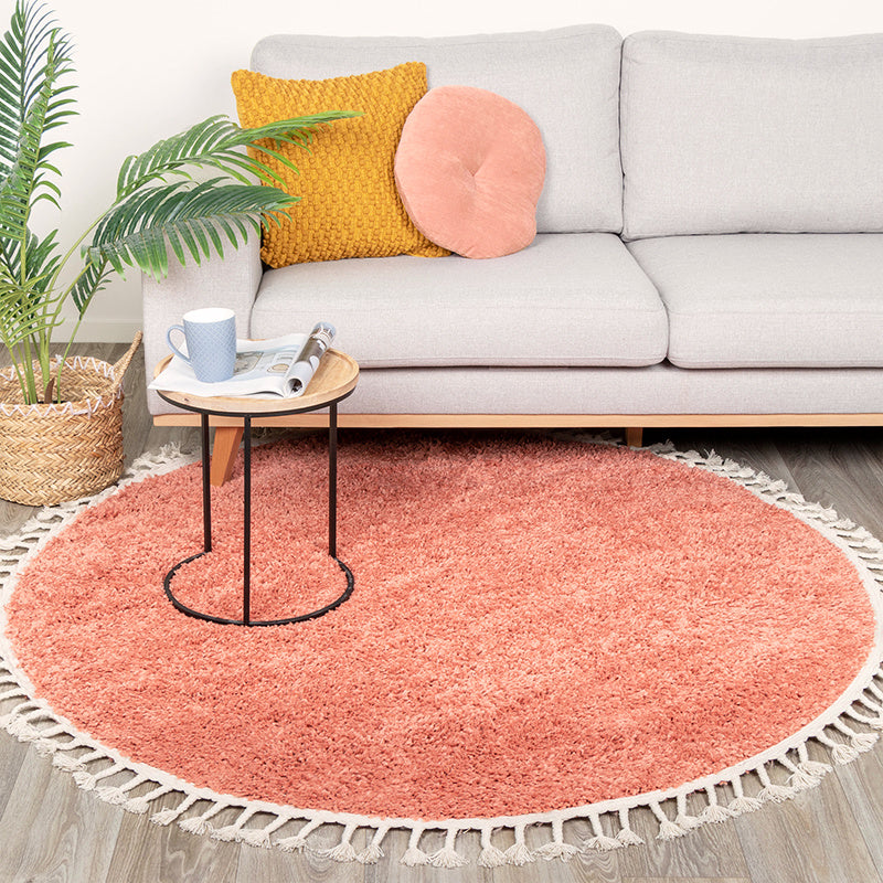 Round High Pile Rug - Lofty Fringe Peach Pink