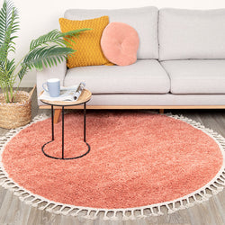 Round High Pile Rug - Lofty Fringe Peach Pink
