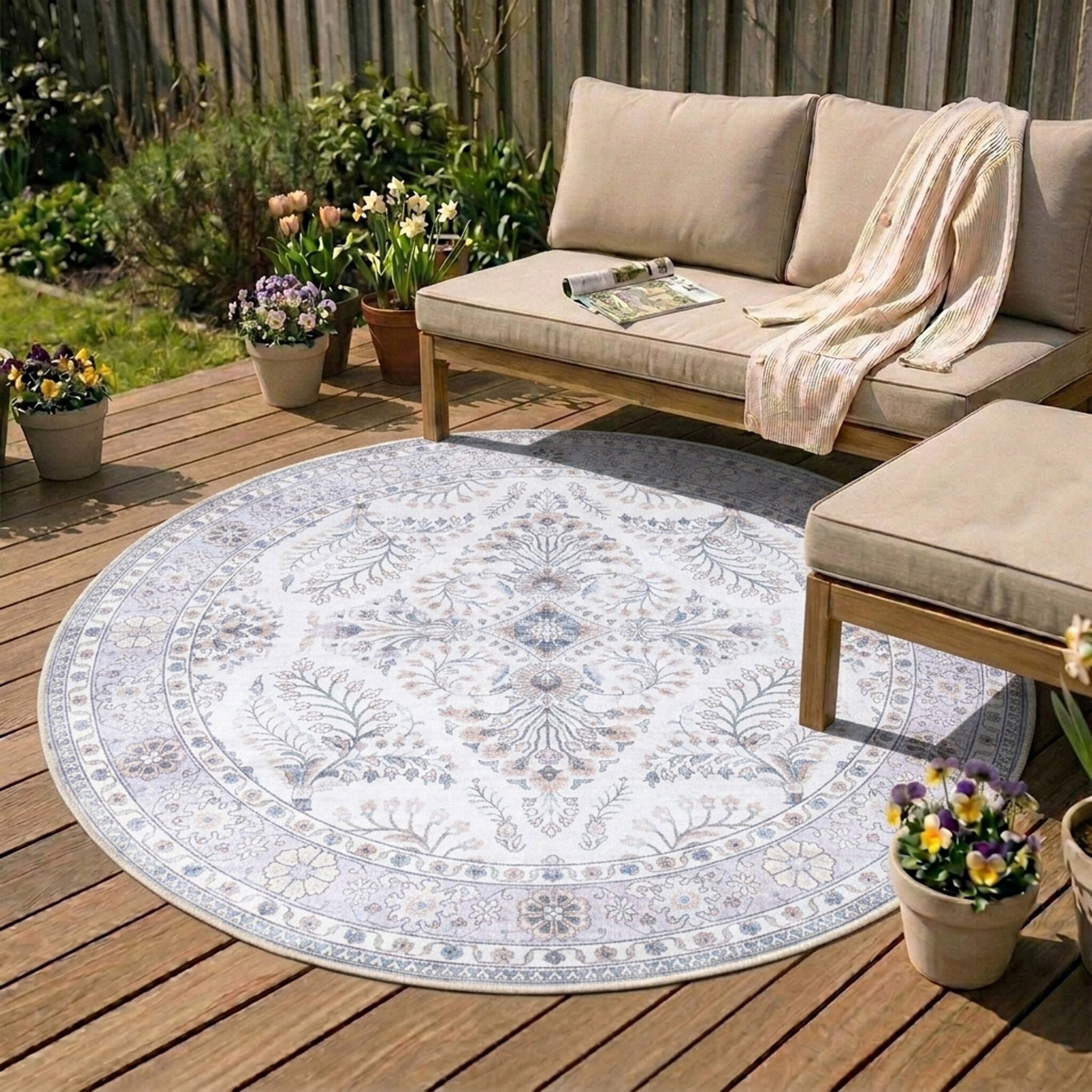 Round Vintage Outdoor Rug - Santo Flora White