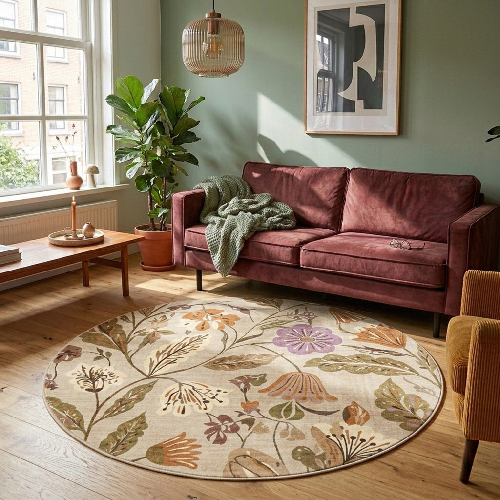 Round washable rug - Misty Flowers Cream