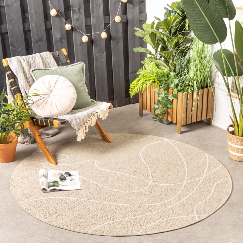 Round Modern Outdoor Rug - Porto Lines Cream