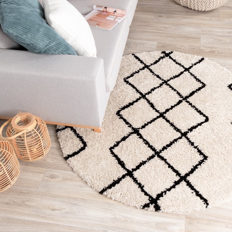 Round High Pile Rug - Grand Diamond Cream/Black