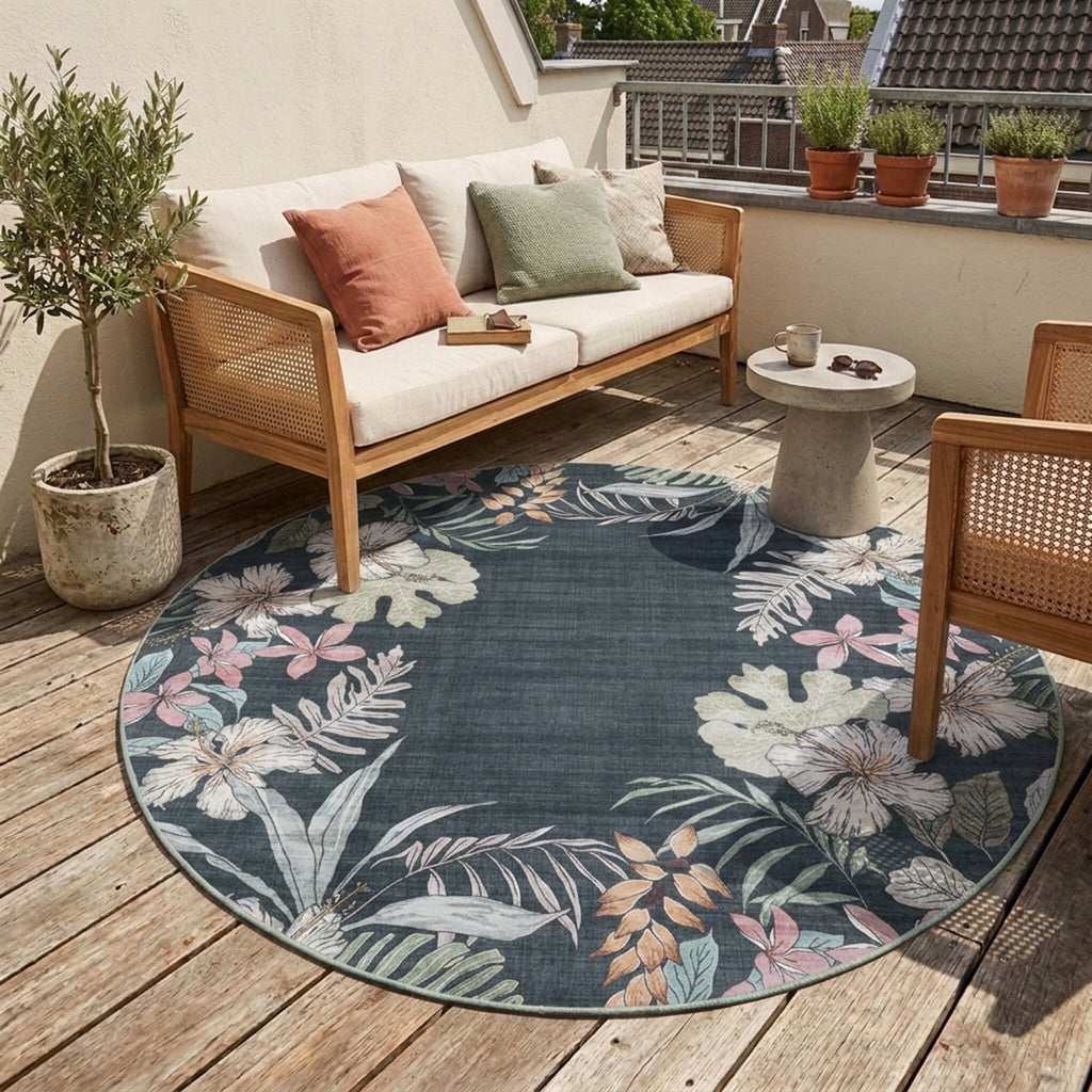 Round outdoor rug flowers - Poppy Green