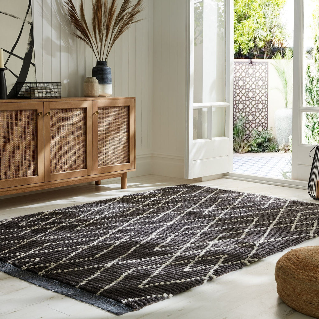 Berber floor rug - Aisho Zigzag Black