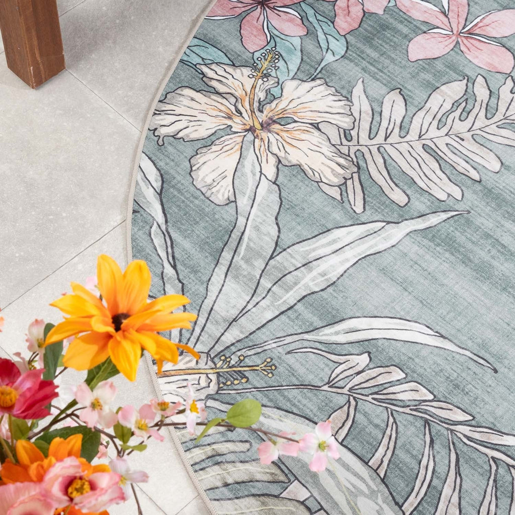 Round outdoor rug flowers - Poppy Olive green