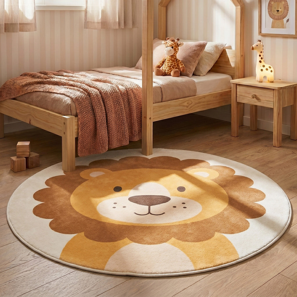 Round Washable Children’s Play Rug – Sammy Lion Brown