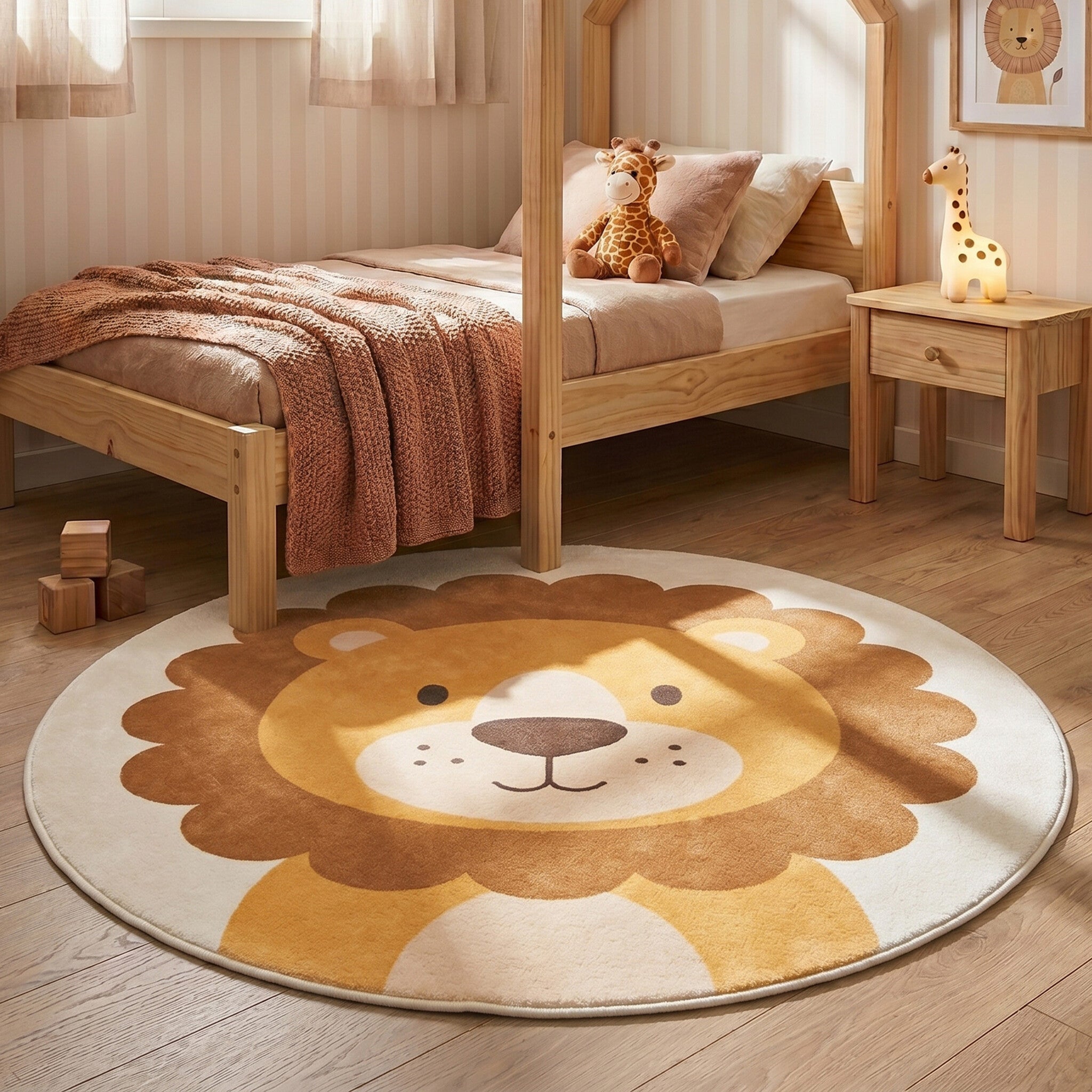 Round Washable Children’s Play Rug – Sammy Lion Brown
