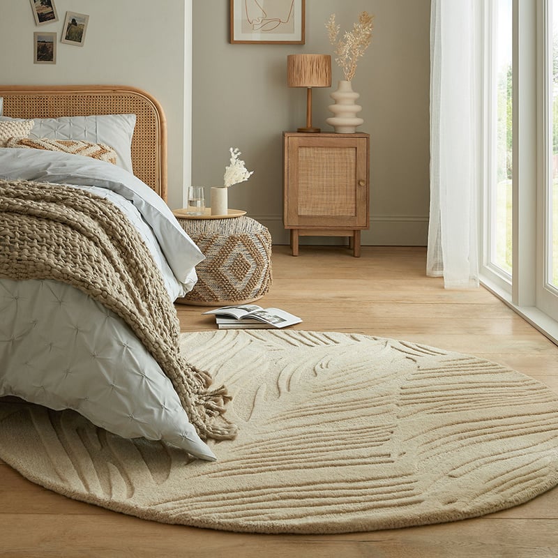 Round modern floor rug - Solacio Leaves Beige