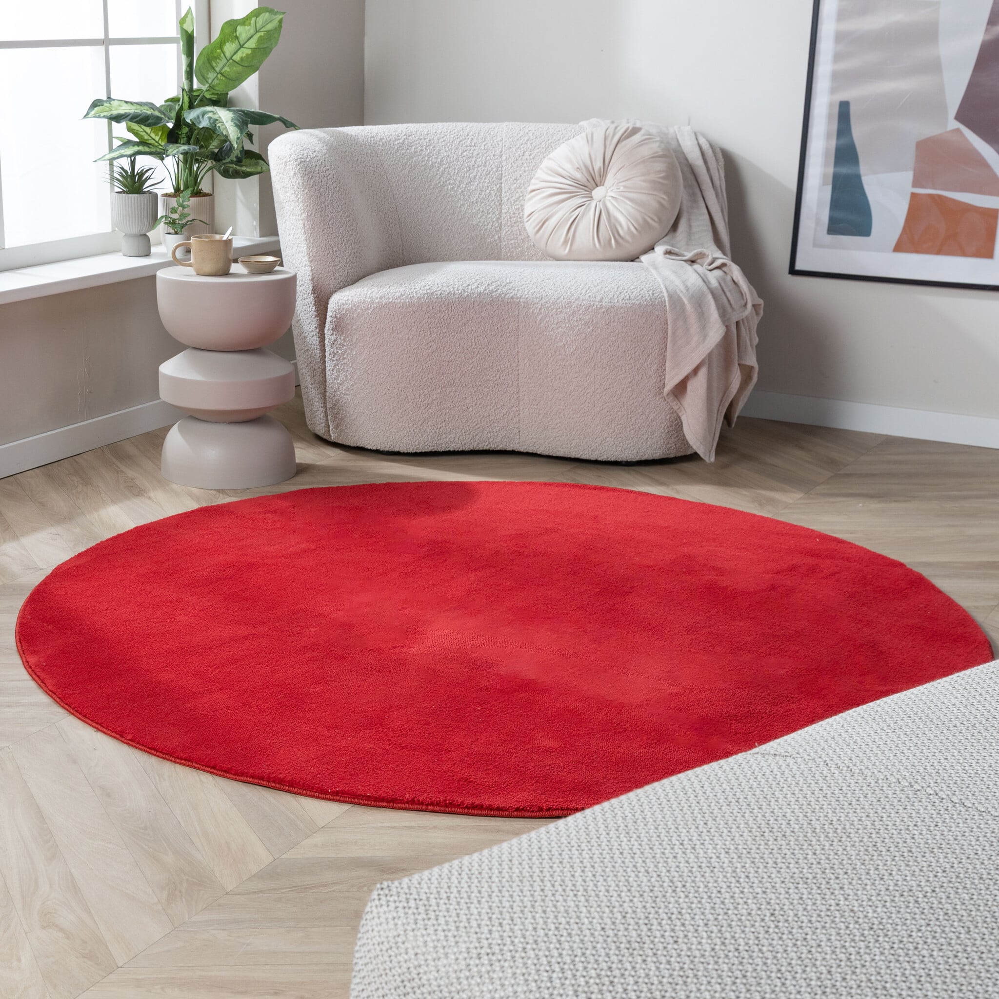Round Washable Rug - Vivid Red