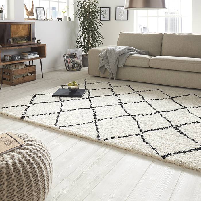 High-pile floor rug - Allure Stripe Cream/black
