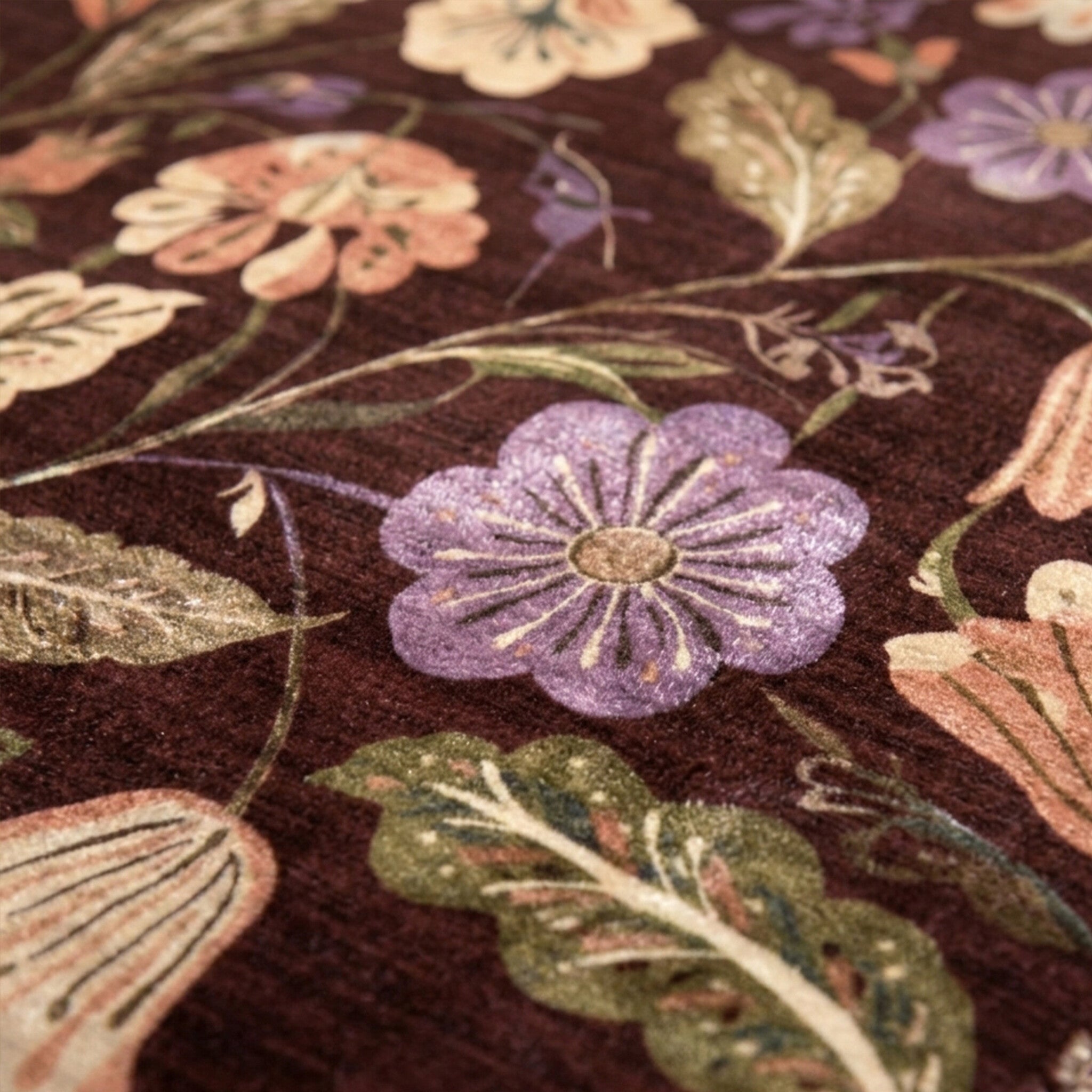Round washable rug - Misty Flowers Brown