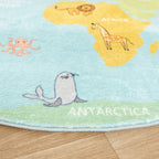 Round Kids Rug - Globe Light Blue