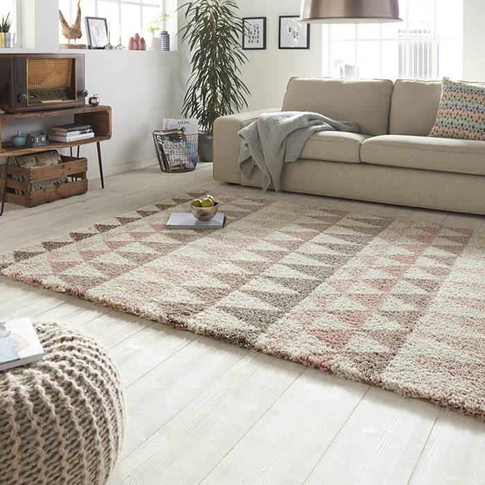 High-pile floor rug - Allure Triangle Cream/Pink